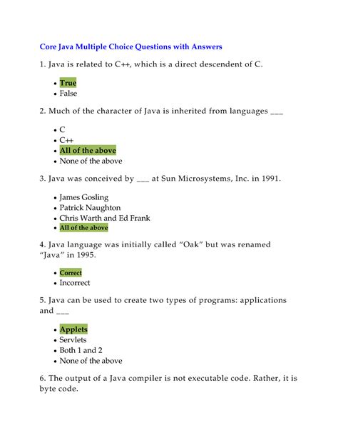 Core Java Multiple Choice Questions And Answers Free Download PDF