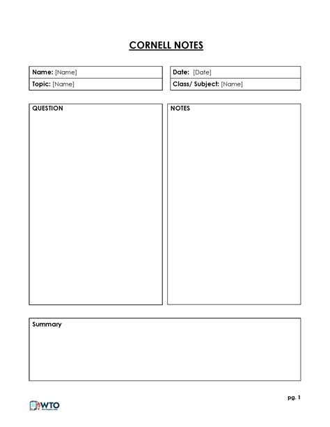 Cornell Note Taking Method Template