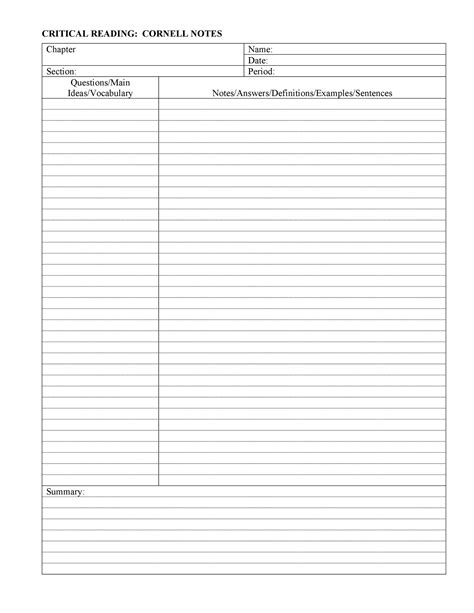 Cornell Style Note Taking Template