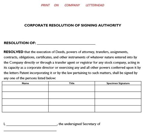 Corporate Resolution Template Signing Authority Kindle Editon