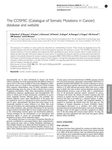 Cosmic Database Catalogue Of Somatic Mutations In Cancer