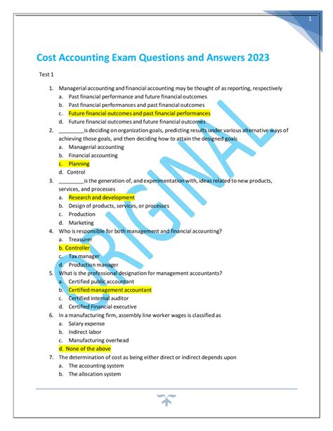 Cost Accounting Exam 1 Answers Reader