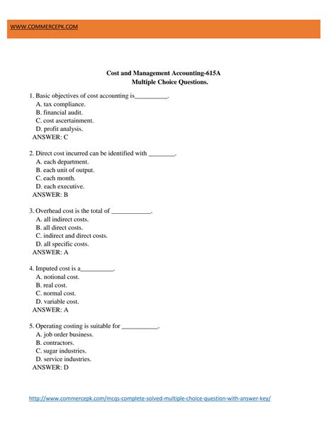 Cost Accounting Mcqs With Answers Kindle Editon