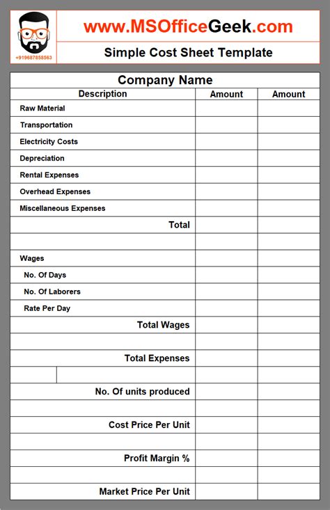 Cost Sheet Template