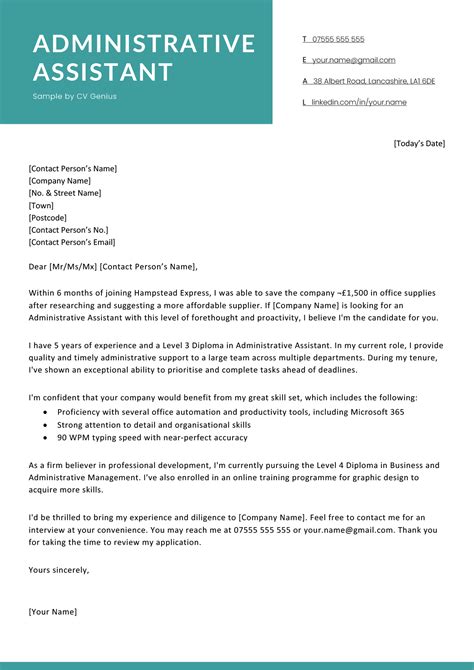 Cover Letter Template Admin Assistant