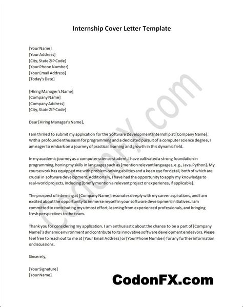 Cover Letter Template For An Internship