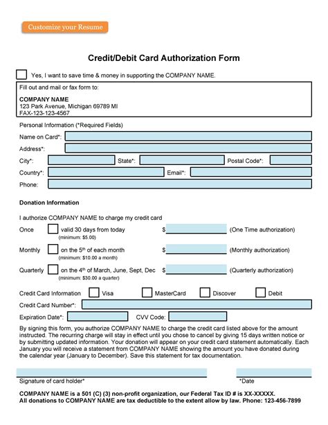 Credit Card Authorization Form Template Free Excel