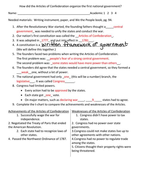 Critical Period Articles Of Confederation Answer Key Doc