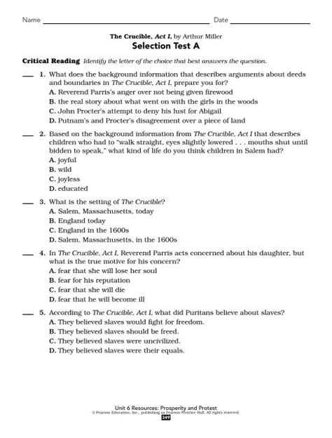 Crucible Act 1 Selection Test A Answers Reader