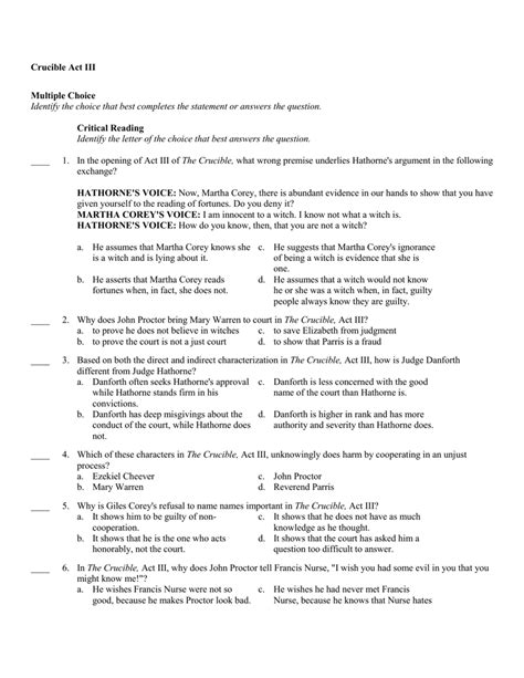 Crucible Packet Questions And Answers Act 3 Reader