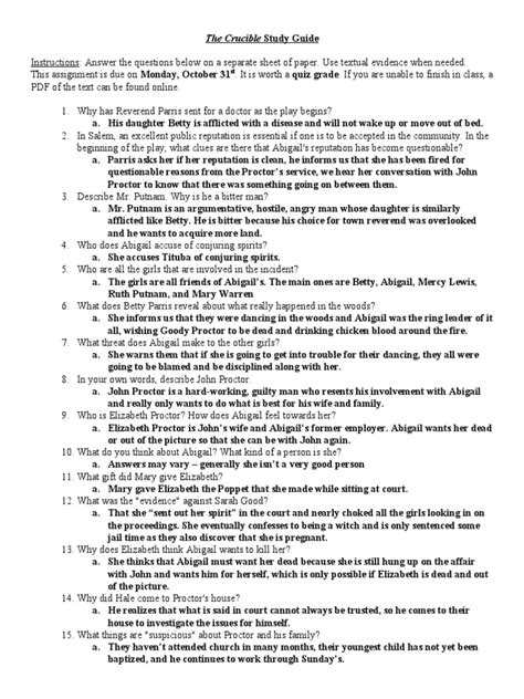 Crucible Study Guide Answers Novel Un PDF