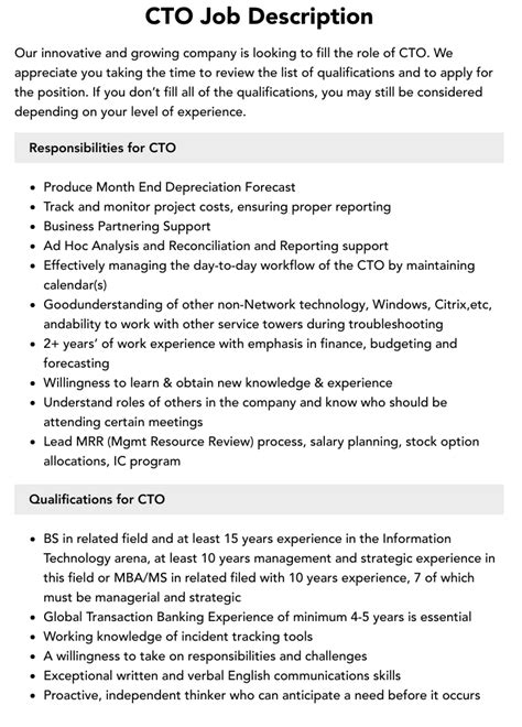 Cto Job Description Template