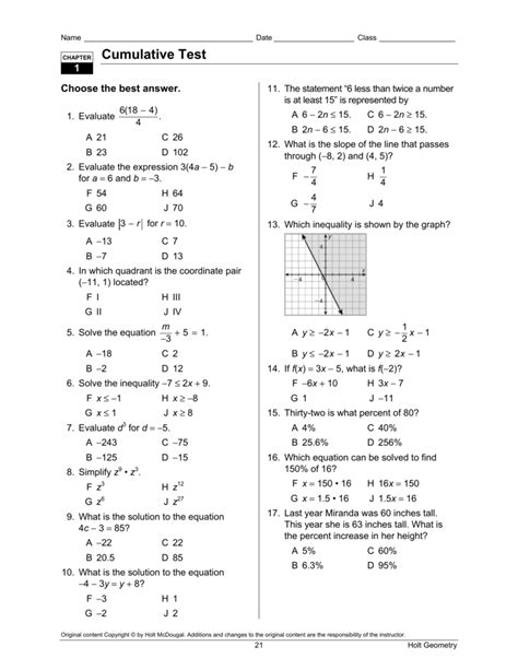Cumulative Standardized Test Practice Answer Key Geometry PDF