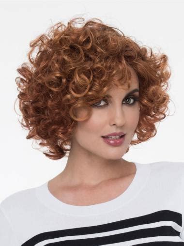 Curly Auburn With Bangs Mono Natural Looking Synthetic Lace Wigs