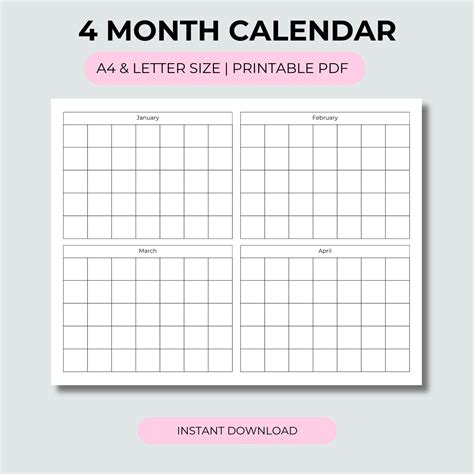 Custom Printable Calendar 4 Months Per Page