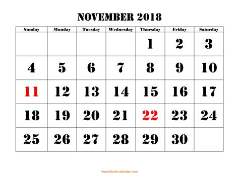 Cute Printable November 2018 Calendar Large Print