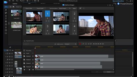 PowerDirector MultiCam editor interface showing synchronized video clips from multiple cameras
