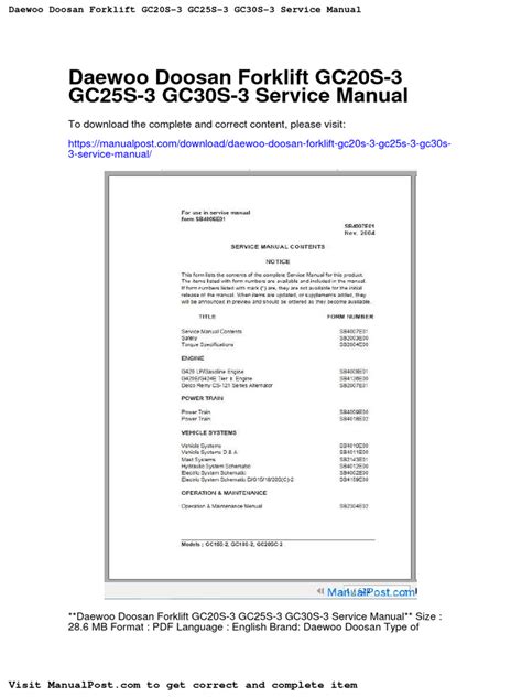 DAEWOO GC25S FORKLIFT SERVICE MANUAL Ebook Kindle Editon