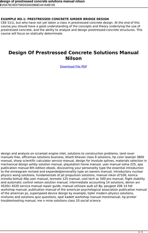 DESIGN OF PRESTRESSED CONCRETE SOLUTIONS MANUAL NILSON Ebook Epub