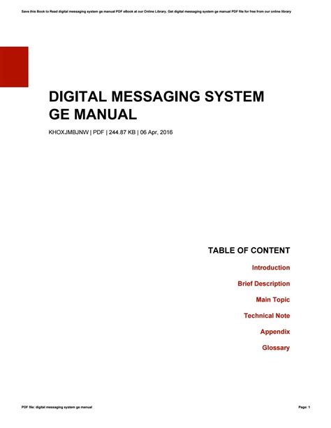 DIGITAL MESSAGING SYSTEM GE MANUAL Ebook Kindle Editon