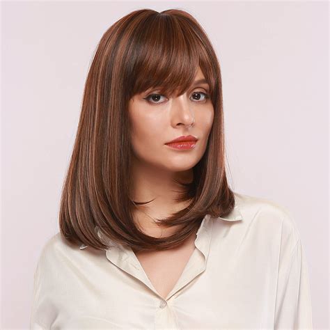 Dark Brown with Highlights: Shoulder-Length Straight Bobs Style Synthetic Wig With Bangs