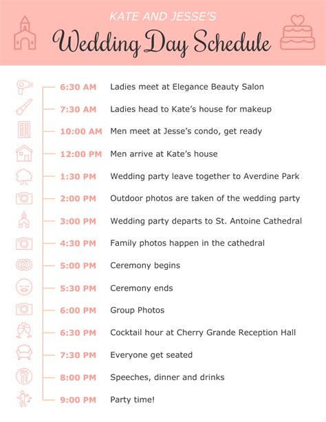 Day Of Wedding Schedule Template