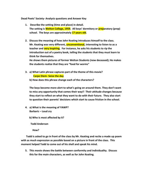 Dead Poet Society Analysis Answers PDF
