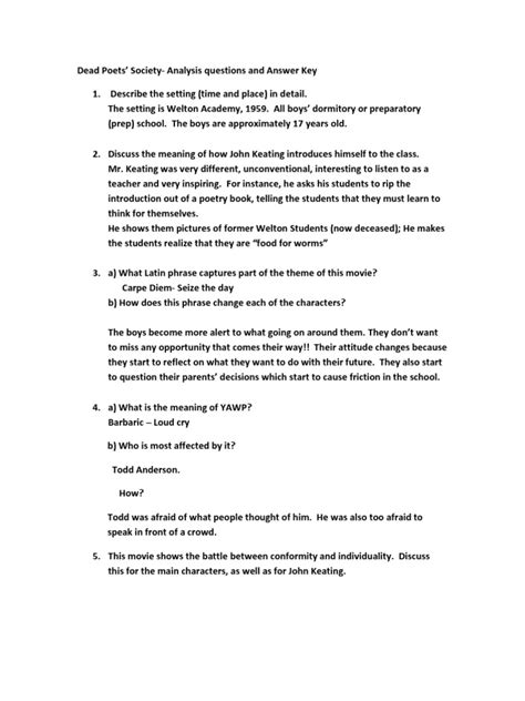 Dead Poets Society Answers PDF