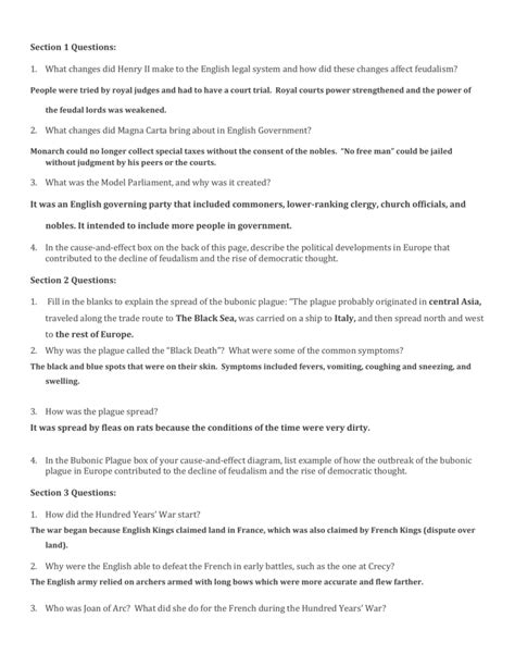 Decline Of Feudalism Assessment 5 Answer Key PDF