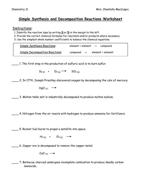 Decomposition Reaction Worksheet With Answers Reader