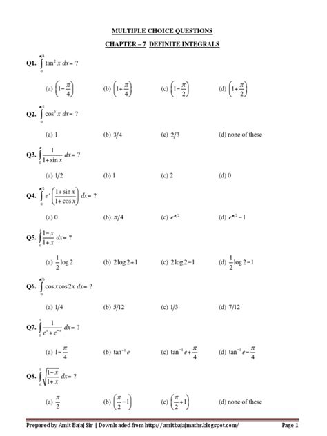 Definite Integral Multiple Choice Questions And Answers Kindle Editon