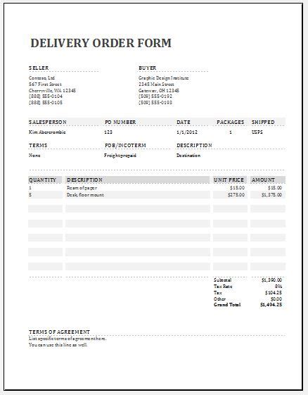 Delivery Order Template Word