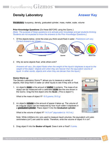 Density Laboratory Gizmo Answer Key Reader