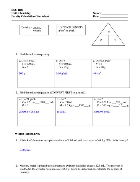 Density Worksheet With Answer Key Reader