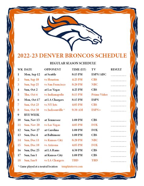 Denver Broncos Schedule Printable
