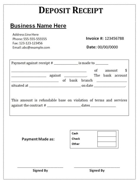 Deposit Receipt Template Word