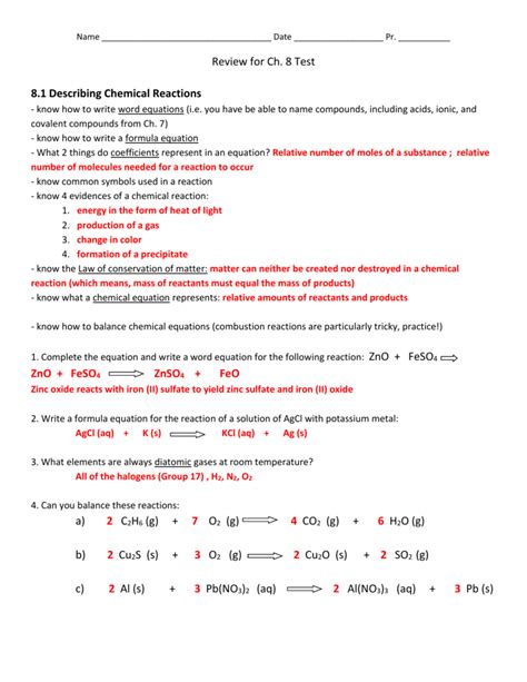 Describing Chemical Reactions Answer Key Chapter 8 Doc