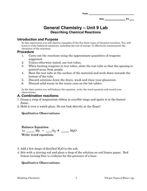 Describing Chemical Reactions Lab Answer Key Epub