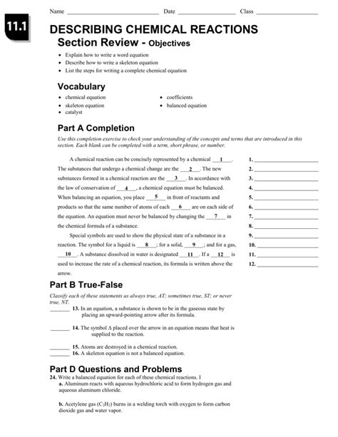 Describing Chemical Reactions Review And Reinforce Answers Reader