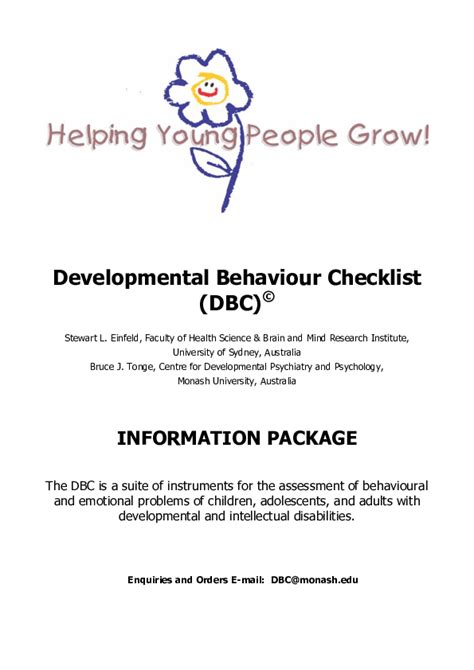 Developmental Behaviour Checklist Dbc Faculty Of 103600 PDF Epub