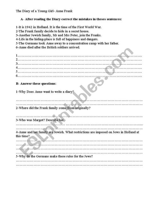 Diary Anne Frank Questions Answers PDF