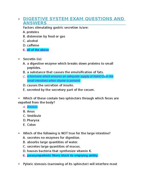 Digestive System Multiple Choice Questions With Answers Doc