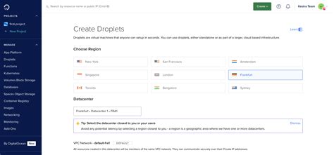 Screenshot highlighting the 'Create' button and 'Droplets' option in the DigitalOcean dashboard
