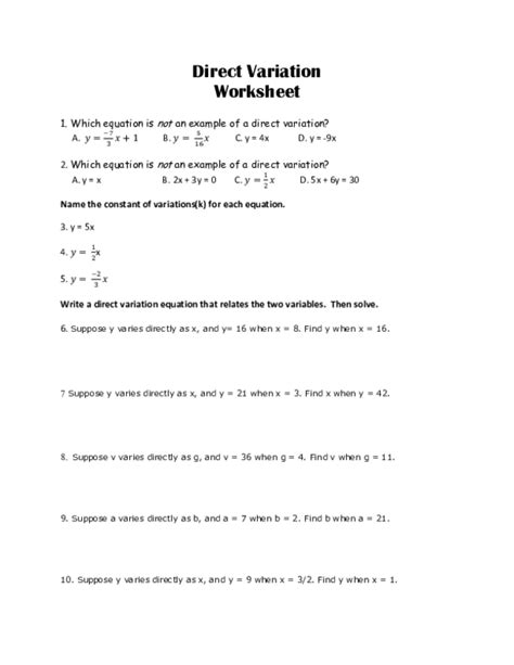 Direct Variation And Answer Key PDF