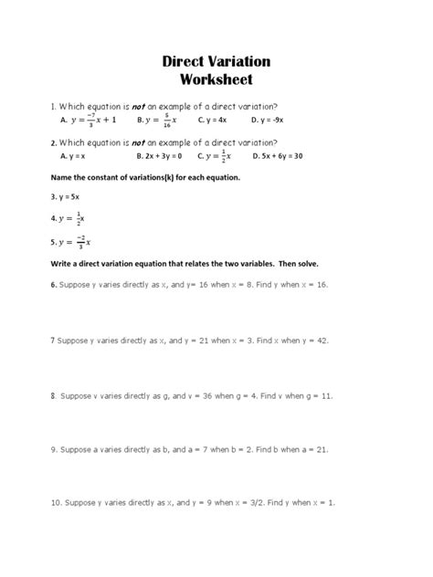 Direct Variation Worksheet Answer Key Reader