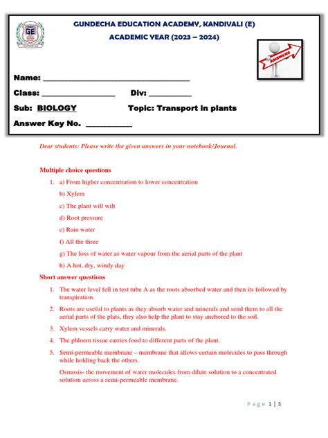 Directed Section Transport In Plants Answer Key Reader