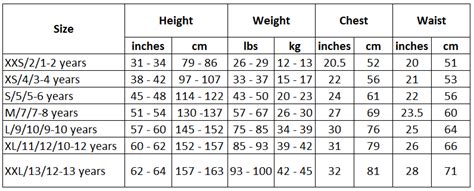 Disney Clothing Size Chart
