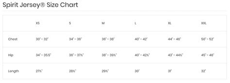 Disney Spirit Jersey Size Chart