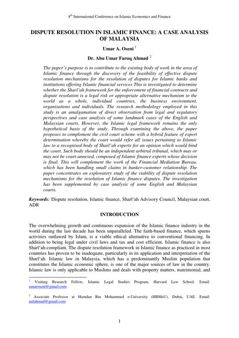 Dispute Resolution In Islamic Finance A Case Analysis Of Epub