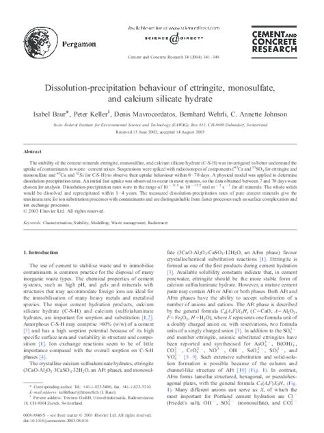 Dissolution Precipitation Behaviour Of Ettringite Kindle Editon